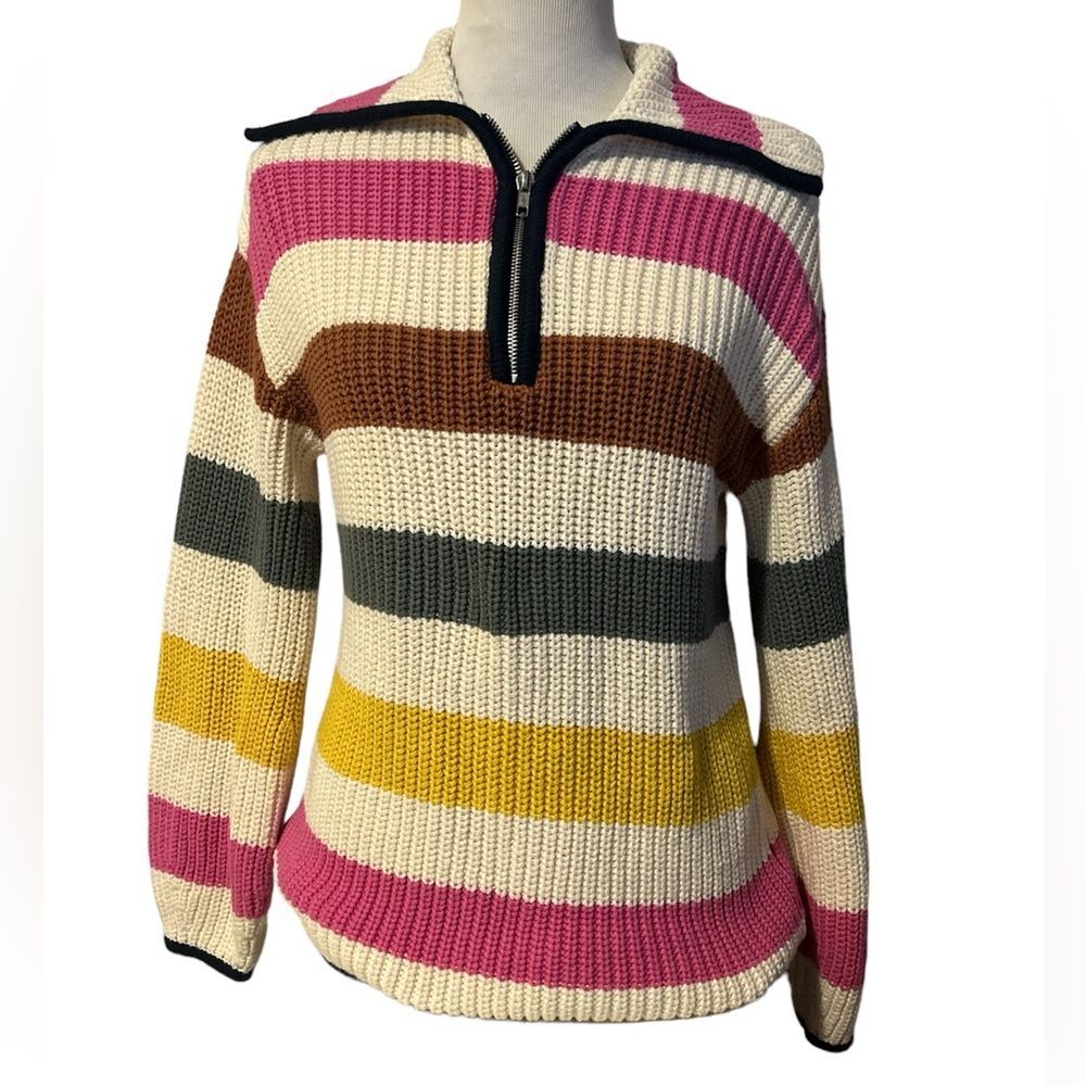 Women’s Chunky Knit Quarter Zip Colorful Striped Sweater Cotton Wool Blend Small